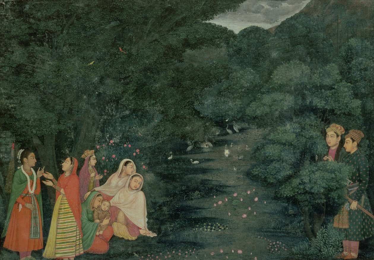 MS 34.17 Mulheres e uma criança à beira de um riacho à noite, vigiada por dois nobres, Lucknow, Escola de Mihr Chand, c.1760 (guache sobre papel com borda estampada) de Indian School