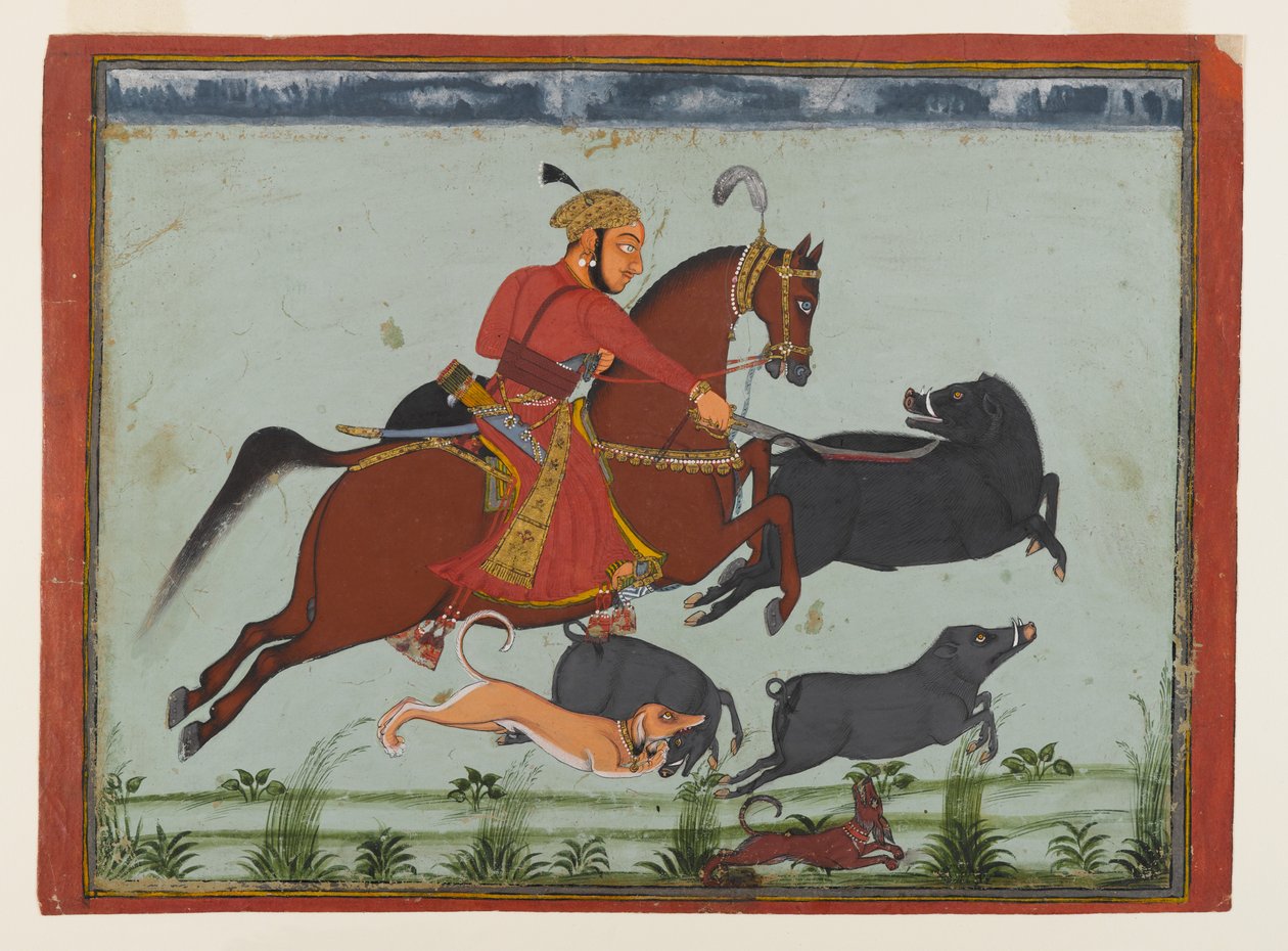 Maharaja Pratap Singh II de Mewar Hunting Boar, c.1750-75 (aguarela, ouro e prata sobre papel) de Indian School