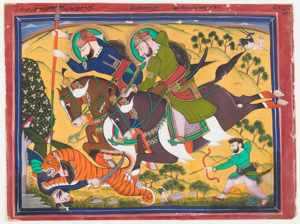 Maharaja Ram Singh caçando um tigre, segundo quartel do século XIX (aguarela sobre papel) de Indian School