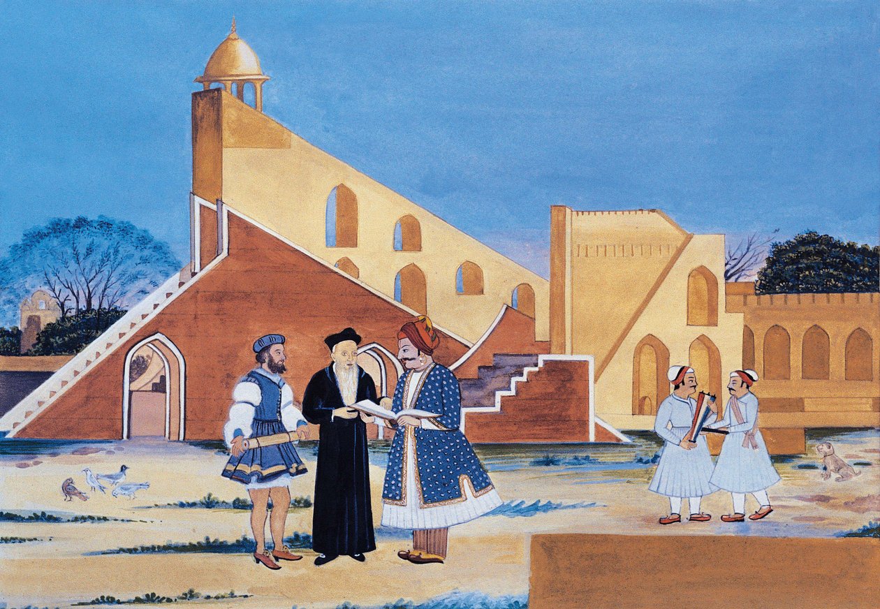 Pintura do Maharaja Sawai Jai Singh II, Jantar Mantar, Jaipur, Rajastão, Índia (aguarela sobre papel) de Indian School