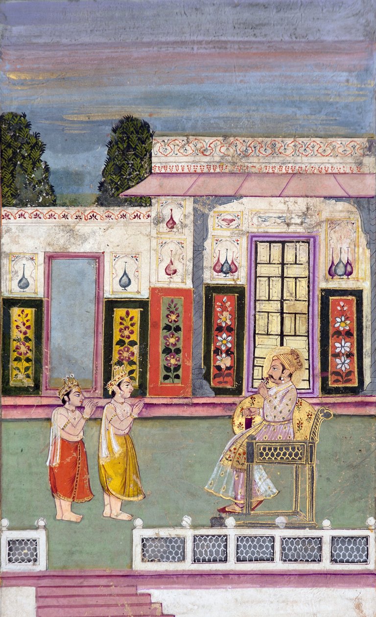 Maharaja Sawai Jai Singh saudado por dois homens coroados, c.1735 (wc opaca e ouro sobre papel) de Indian School