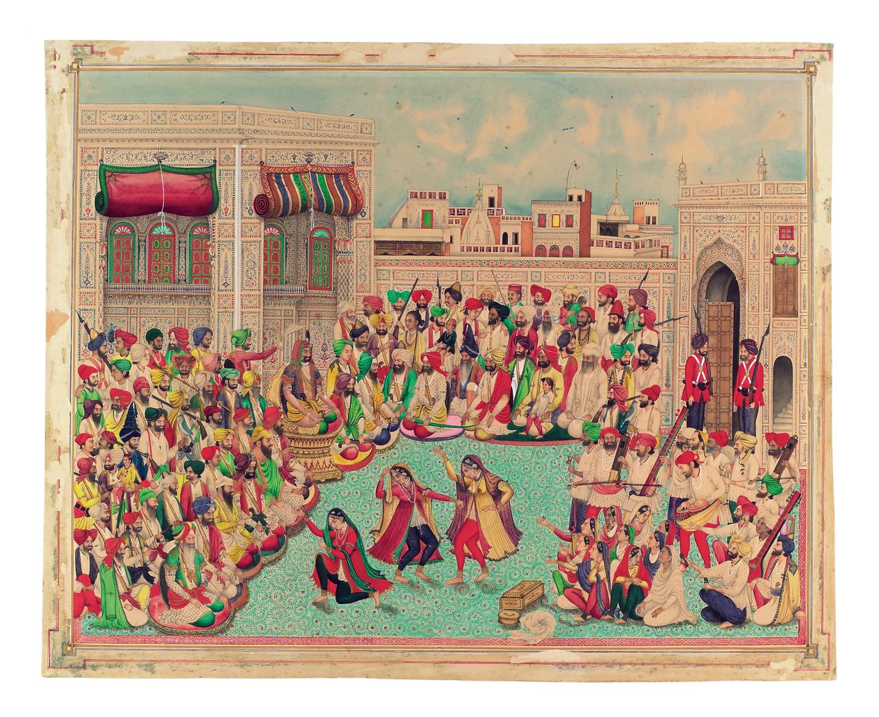 Maharaja Sher Singh and Companions Watching a Dance Performance, c.1850 (aquarela opaca e ouro no papel) de Indian School