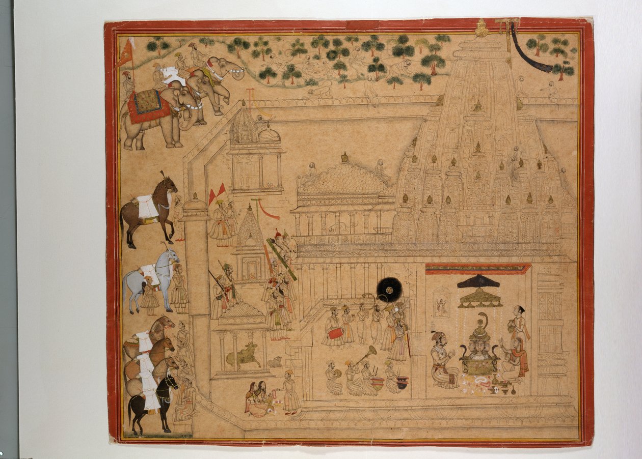 Maharana Amar Singh de Mewar no templo de Eklingji, c.1695 (guache com ouro e prata sobre papel) de Indian School