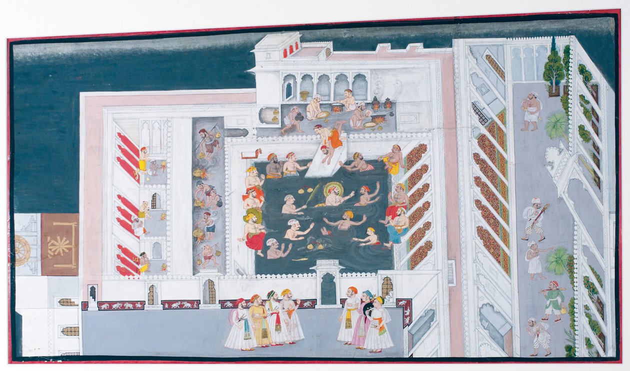 Maharana Jagat Singh II brincadeiras em uma piscina do palácio, c.1746-50 (wc opaco e ouro sobre papel) de Indian School