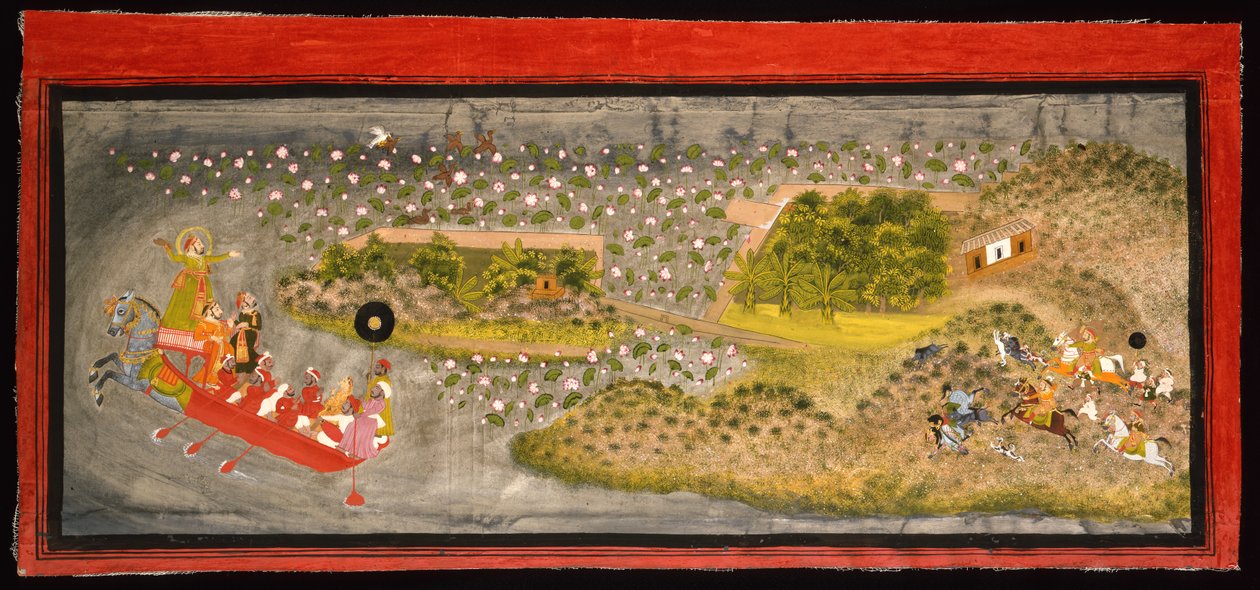 Maharana Jagat Singh II, hawking e caça ao javali, c.1740 (opaco w - c, prata e ouro no papel, montado em uma página de álbum) de Indian School