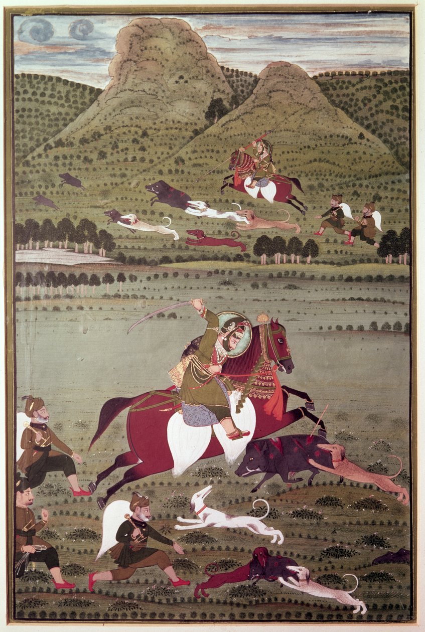 Maharana Jawan Singh (reg.1828-38) do javali de caça Mewar, Udaipur de Indian School