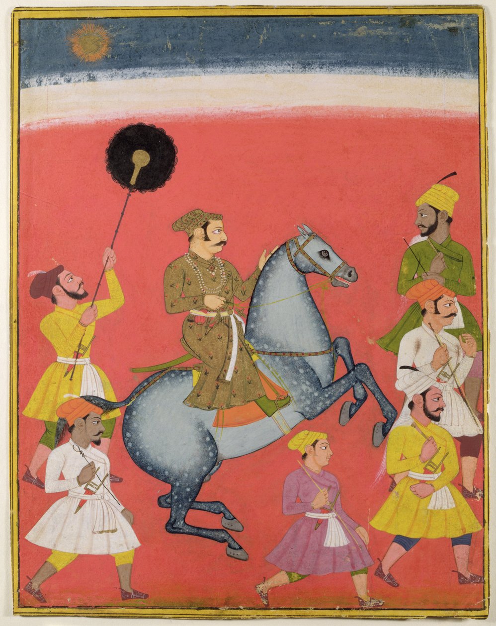 Maharana Raj Singh I de Mewar (reg. 1652-80) Cavalgada, Udaipur (Mewar) Rajastão, c.1670 (guache com ouro sobre papel) de Indian School