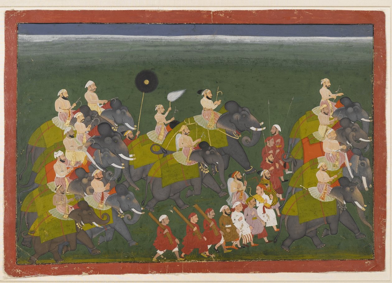Maharana Sangram Singh de Mewar montando em uma procissão de elefante, Udaipur, Rajasthan, c.1730-40 (wc opaca e ouro no papel) de Indian School