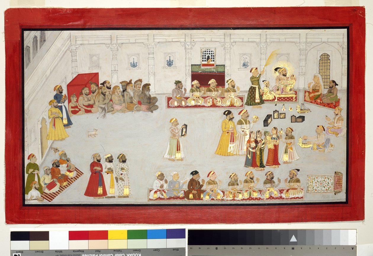 Maharana Sangram Singh com seus filhos e cortesãos, c.1715 (wc opaca e ouro sobre papel, montado em uma página de álbum) de Indian School