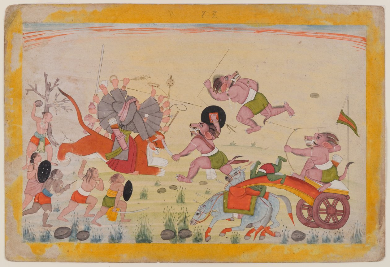 Mahasura ataca o Devi, folio de uma série dispersa de Devi Mahatmya, c.1770-80 (wc no papel) de Indian School