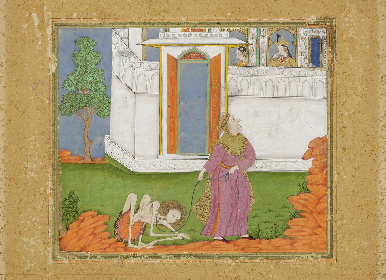 Majnun é reduzido a um estado abjeto, c.1700 (wc opaco e ouro no papel) de Indian School