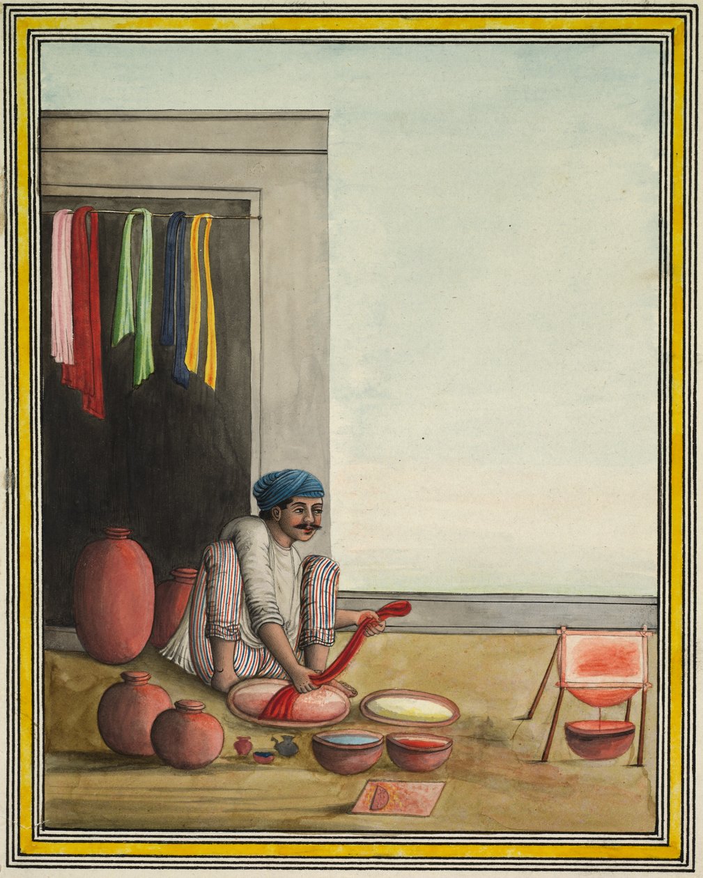 Homem a tingir tecido, início da década de 1830 (tinta e cor sobre papel) de Indian School