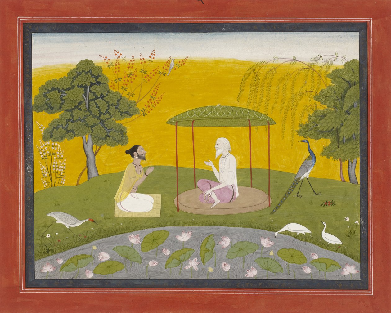 Markandeya refere-se a Jaimuni aos quatro pássaros sábios, c.1800-20 (wc opaco no papel, aumentado com ouro) de Indian School
