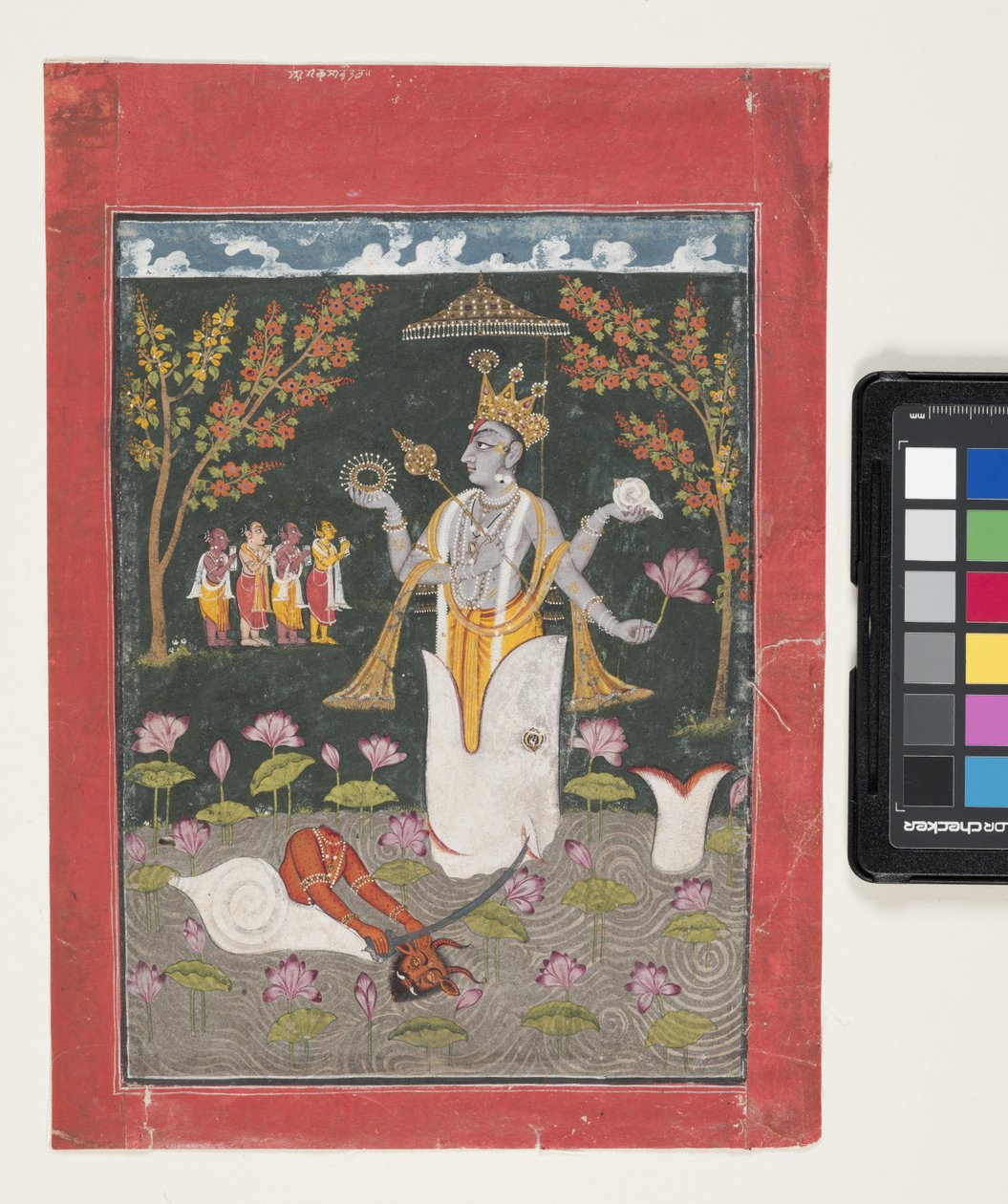 Matsya Avatar de Vishnu: A Matança de Sankh Asura (guache e folha de ouro sobre papel) de Indian School