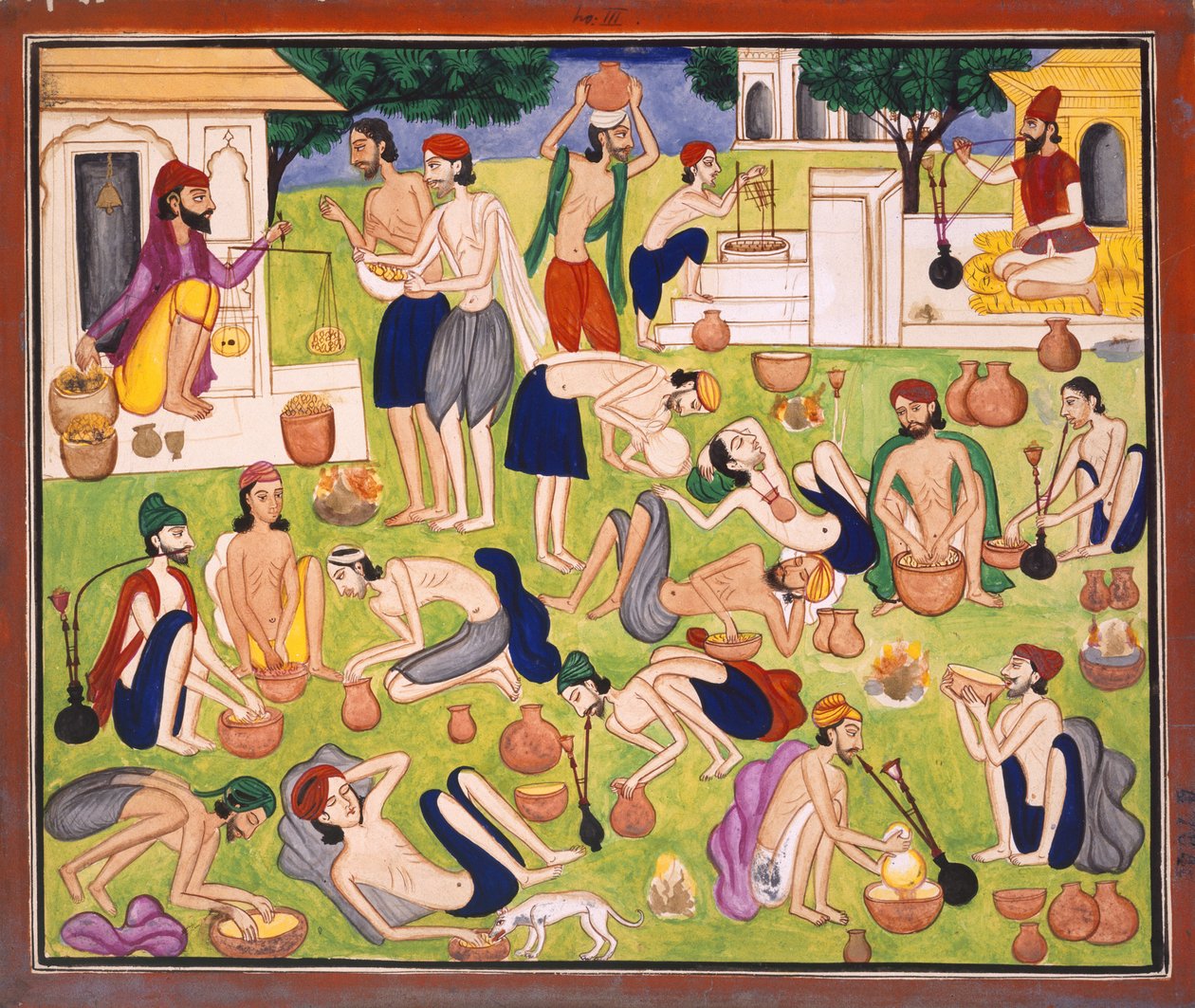 Homens a fumar ópio, sentados ou deitados no chão, c.1870 (aguarela sobre papel) de Indian School