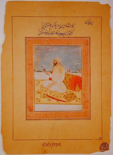 Miniatura de Saif Khan, Governador de Agra, índio, c.1670-80 (pigmentos minerais opacos sobre papel de palha) de Indian School