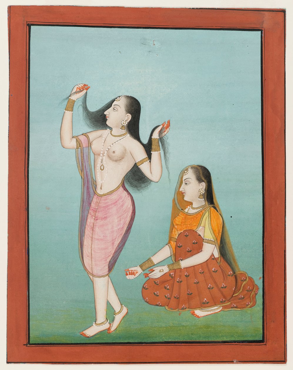 Pintura em miniatura de uma senhora em seu toilette (wc opaco e ouro em papel) de Indian School