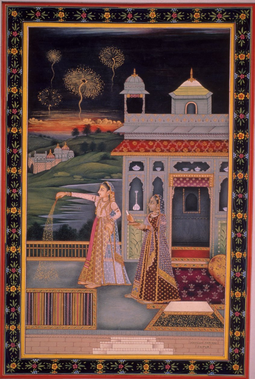 Pintura em miniatura de uma senhora a festejar o Festival de Diwali, Índia (aguarela sobre papel) de Indian School