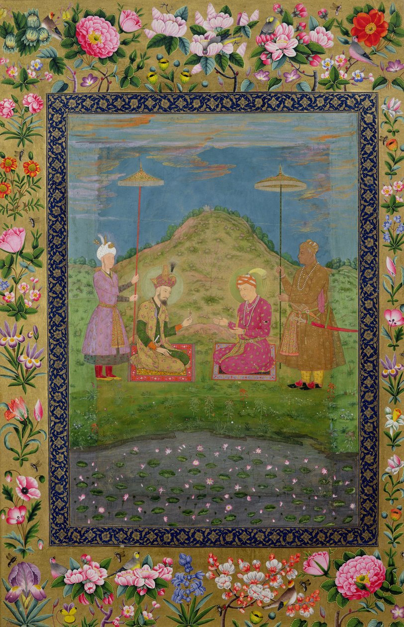 E-14 Humayun (1508-56) e Akbar (1542-1605) com um vizir, de um Moraqqa de Indian School