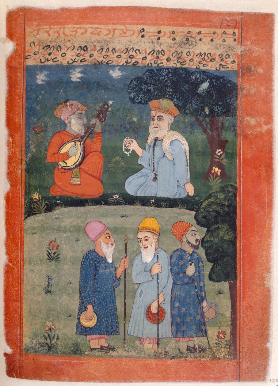 Mss Panj. B.40, f.128 Baba Nanak, Mardana e Fakirs, ilustração da 