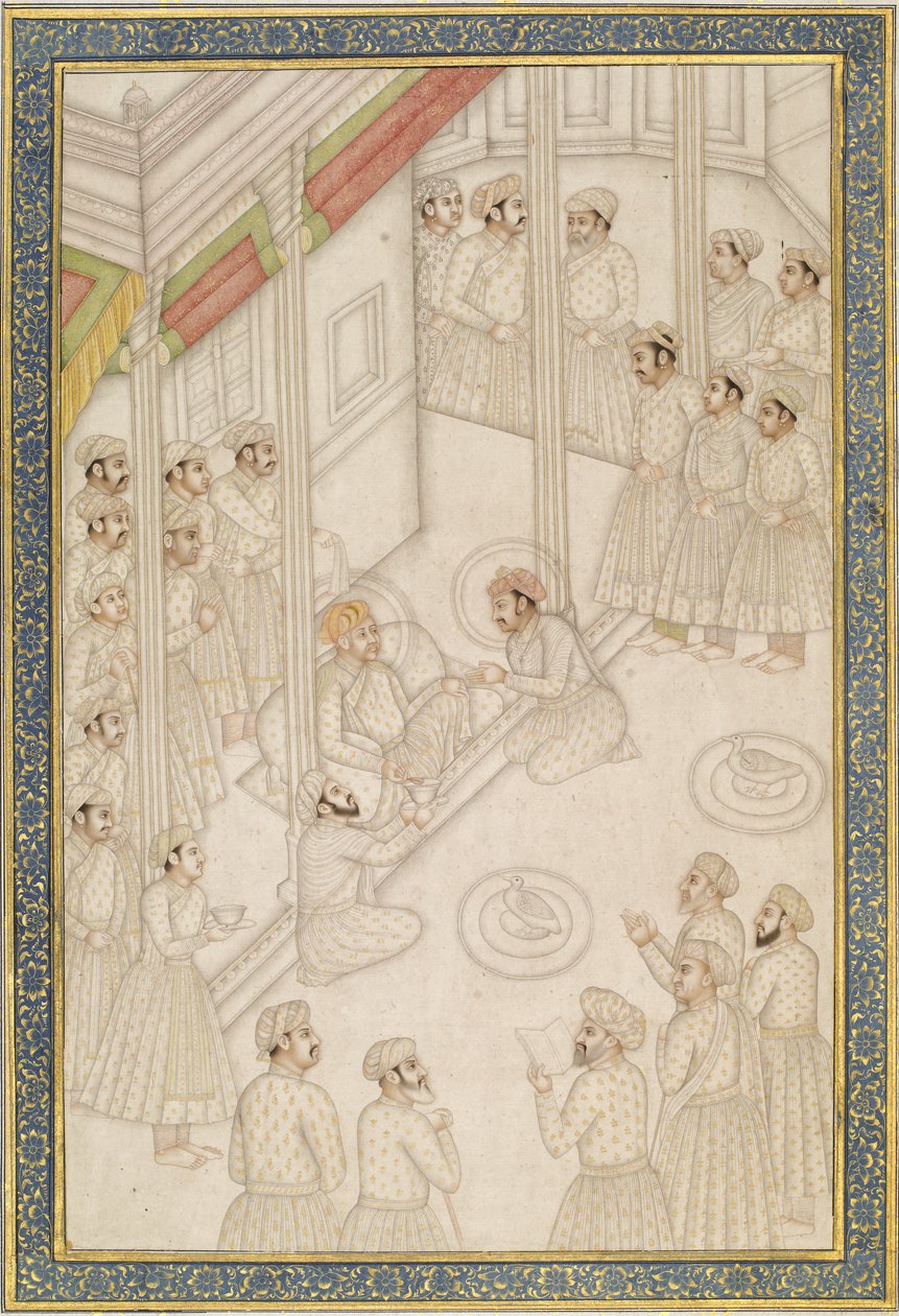 Mughal Emperor Akbar Holding Court Durante sua doença final, meados do século 18 (folha de álbum; pigmento com ouro em papel polido) de Indian School