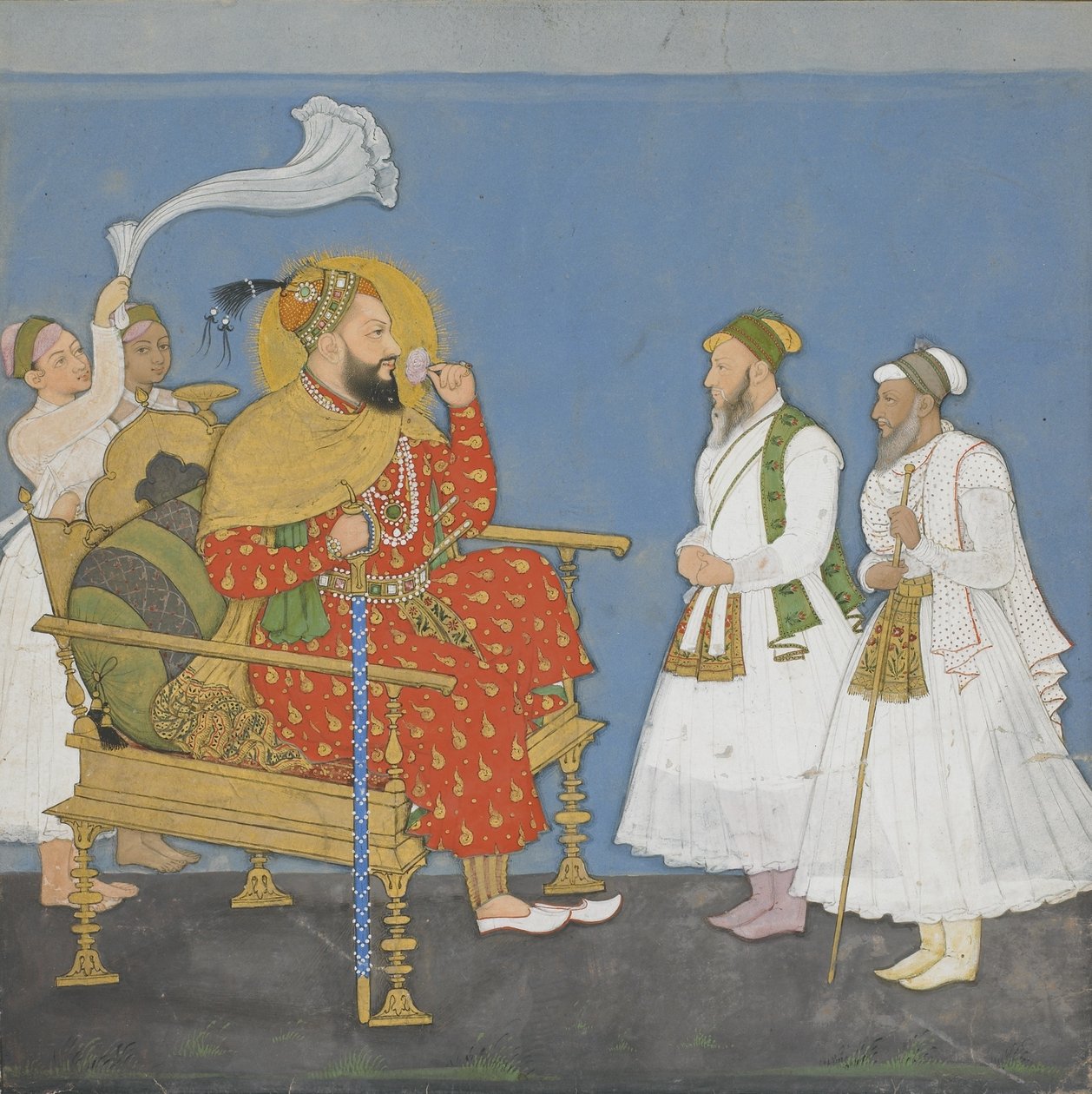 Muhammad Adil Shah II com cortesãos e atendentes (wc opaca e ouro sobre papel) de Indian School