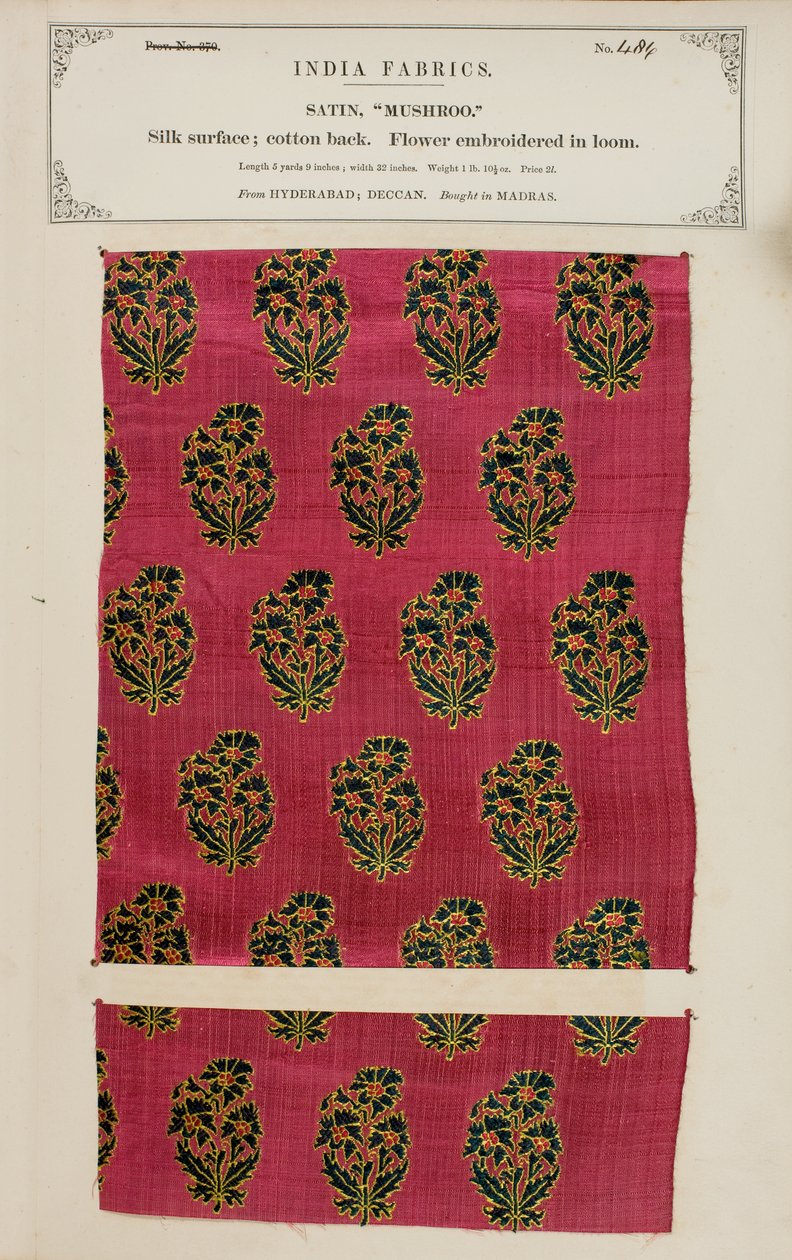 Amostra de cetim Mushroo de Hyderabad em Deccan, da Coleção de Fabricantes Têxteis da Índia, de John Forbes Watson, publicada em 1866 de Indian School