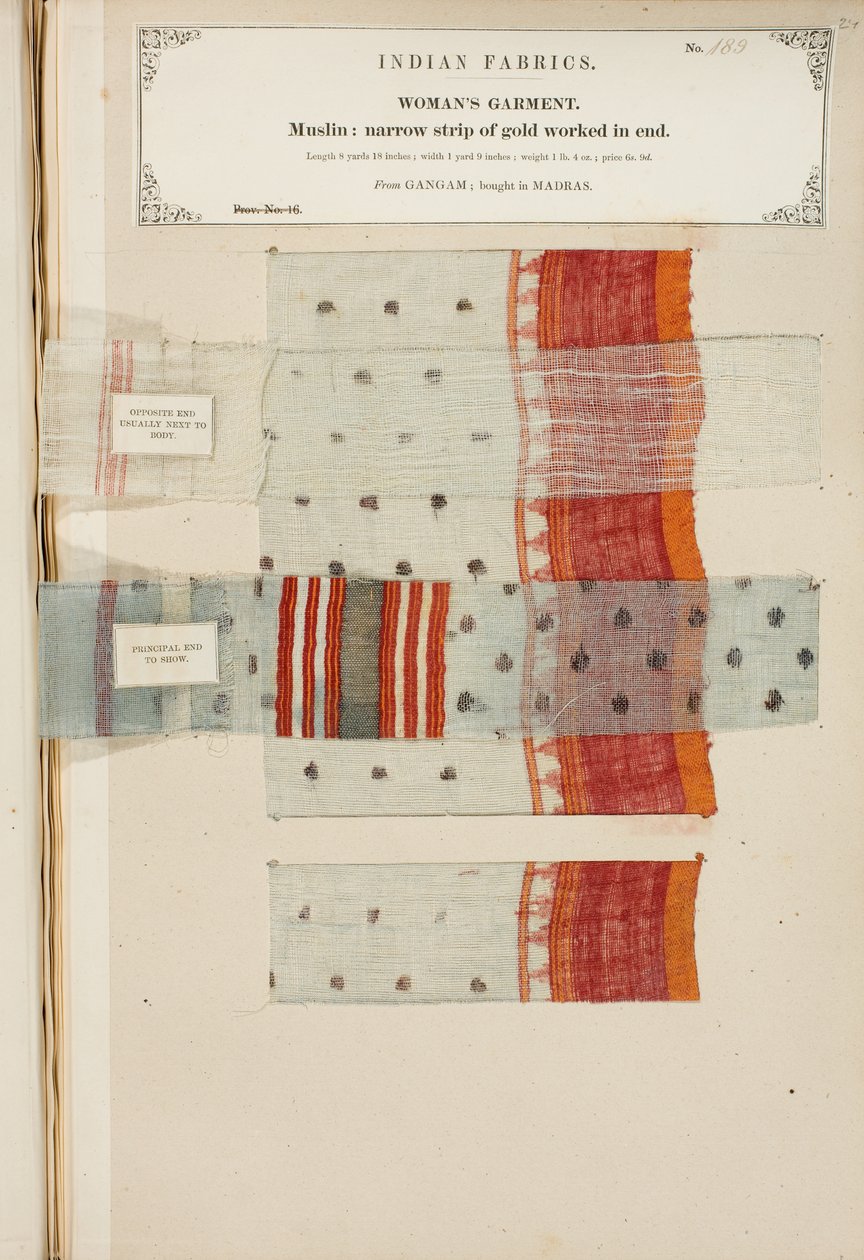 Amostra de musselina de Ganham, comprada em Madras, da Coleção dos Fabricantes Têxteis da Índia, por John Forbes Watson, publicada em 1866 de Indian School