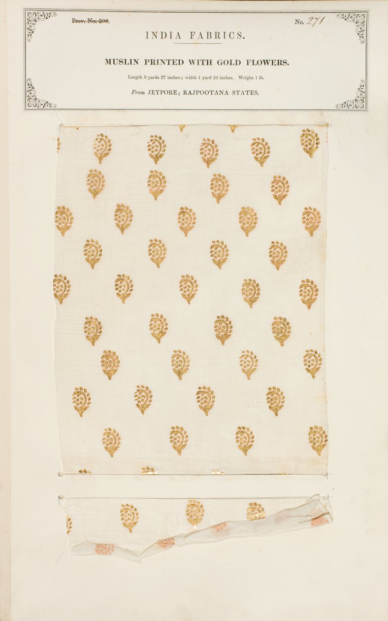 Amostra de musselina impressa com flores de ouro de Jeypore em Rajpootana States, da Coleção de Fabricantes Têxteis da Índia, de John Forbes Watson, publicada em 1866 de Indian School