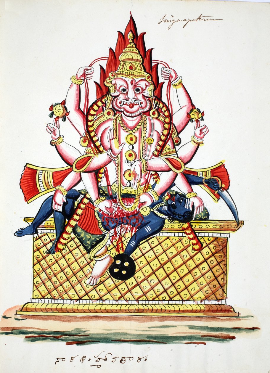 Narasimha, 4º avatar de Vishnu (aguarela sobre papel) de Indian School