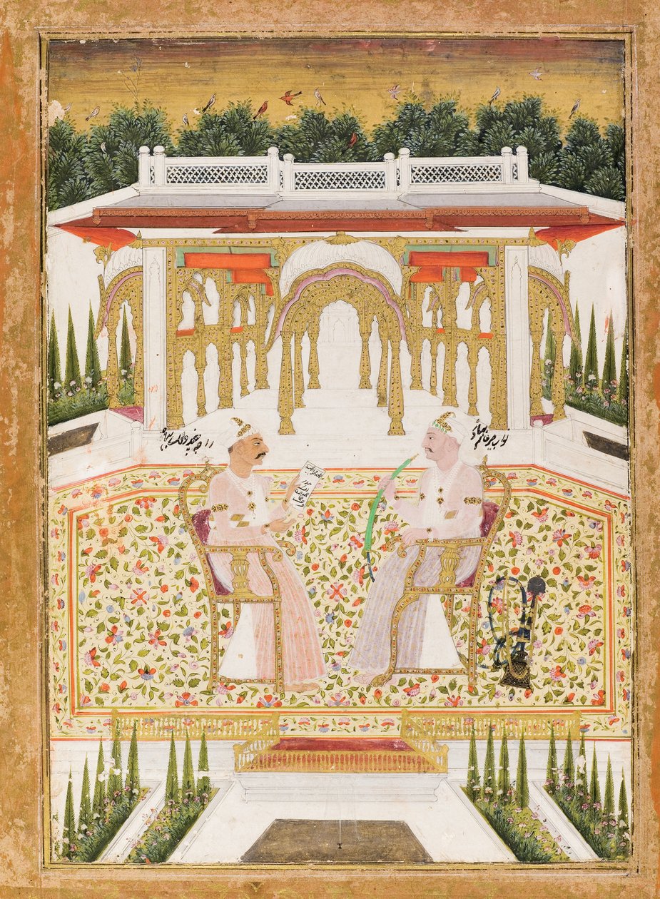 Nawab Mir Alam Bahadur e Raja Chandu Lal Bahadur, c.1800 (wc opaca e ouro sobre papel) de Indian School