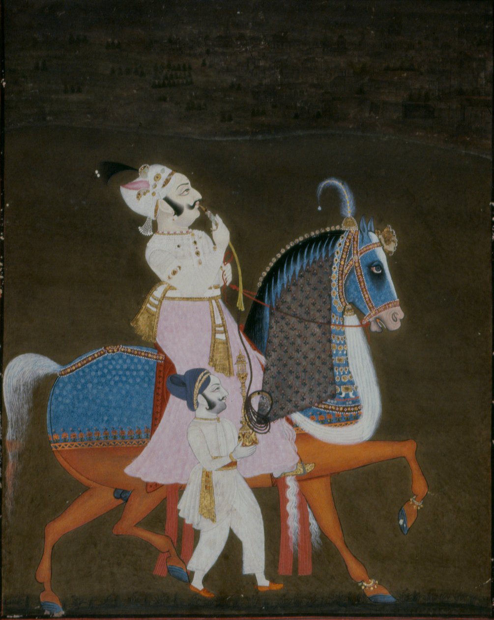 Nobre de Mewar montando Mrigarao com um atendente a pé, 1820 de Indian School