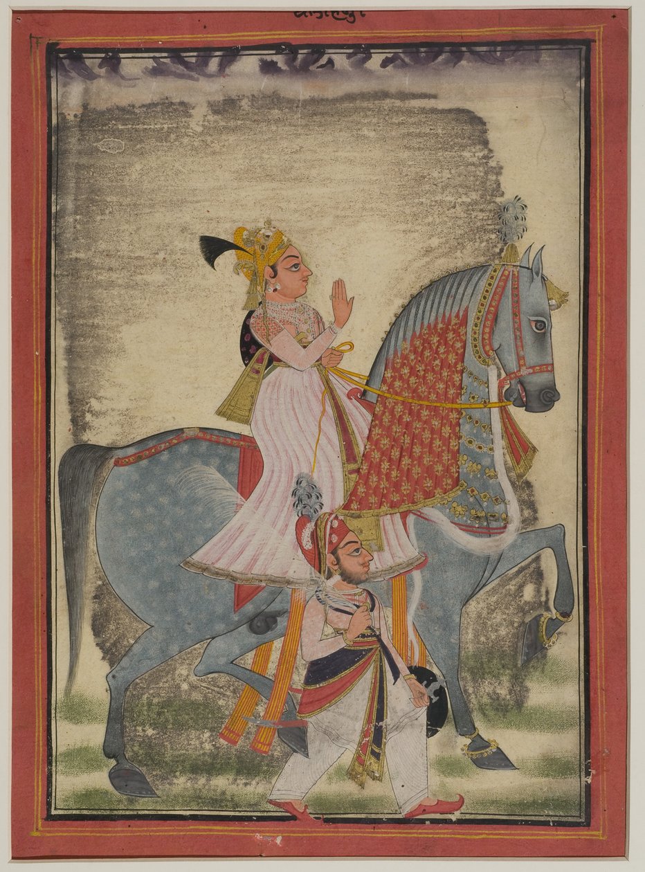 Nobre de Mewar montando Nur acompanhado de um sais a pé, 1820 de Indian School