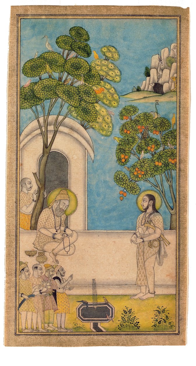 Um homem santo vem visitar outro, 1700-25 (wc opaca e ouro no papel) de Indian School