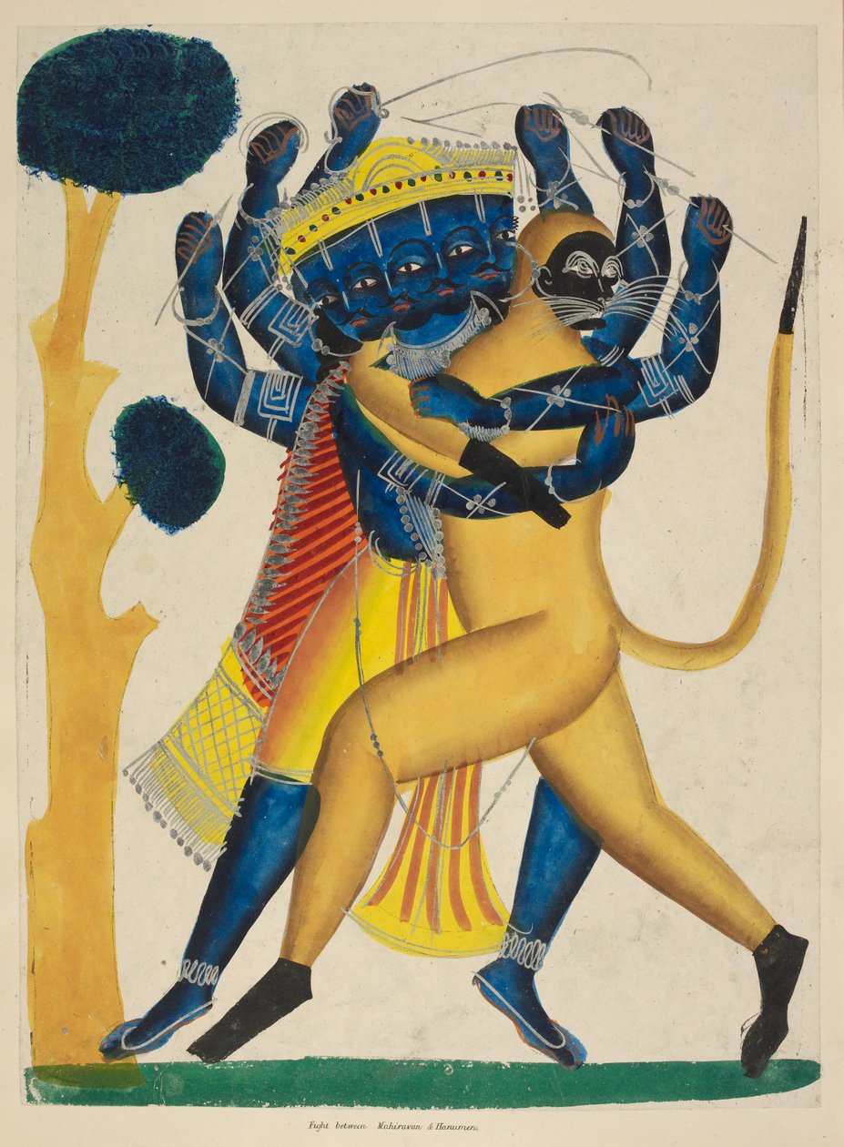 Ou. 891 Hanuman fight Ravana, c.1865 (aguarela sobre papel) de Indian School