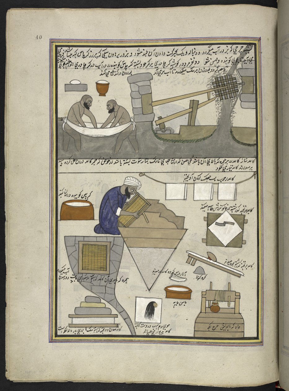 Fabricantes de papel, 86 desenhos encadernados num volume representando ofícios e profissões em Caxemira, Artesãos são mostrados no trabalho com os seus utensílios e equipamento, Por um artista de Caxemira, provavelmente em Srinagar, c.1850-60 (guache em p de Indian School