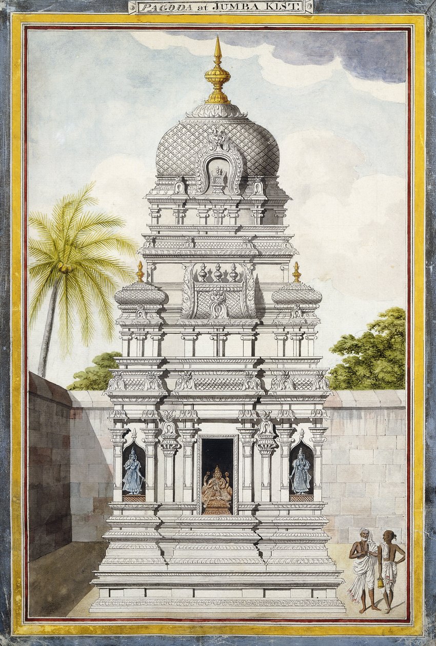 Parte do Templo de Jambukeshvara, Srirangam, Tamil Nadu, c. 1800 (lápis, caneta, tinta preta, w - c em papel vergê) de Indian School