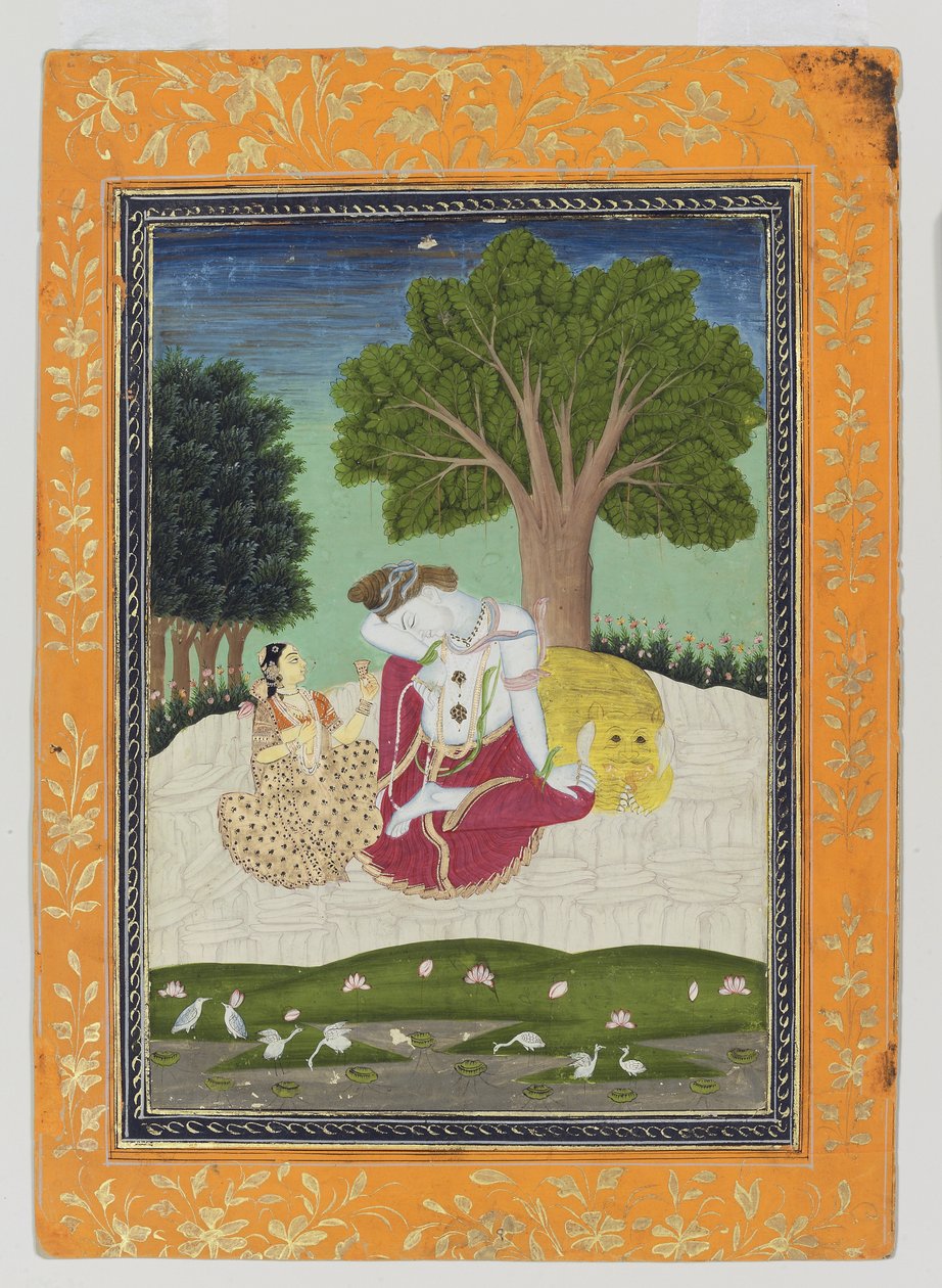 Parvati oferece uma xícara para Shiva, c.1800 (wc opaca e ouro sobre papel) de Indian School