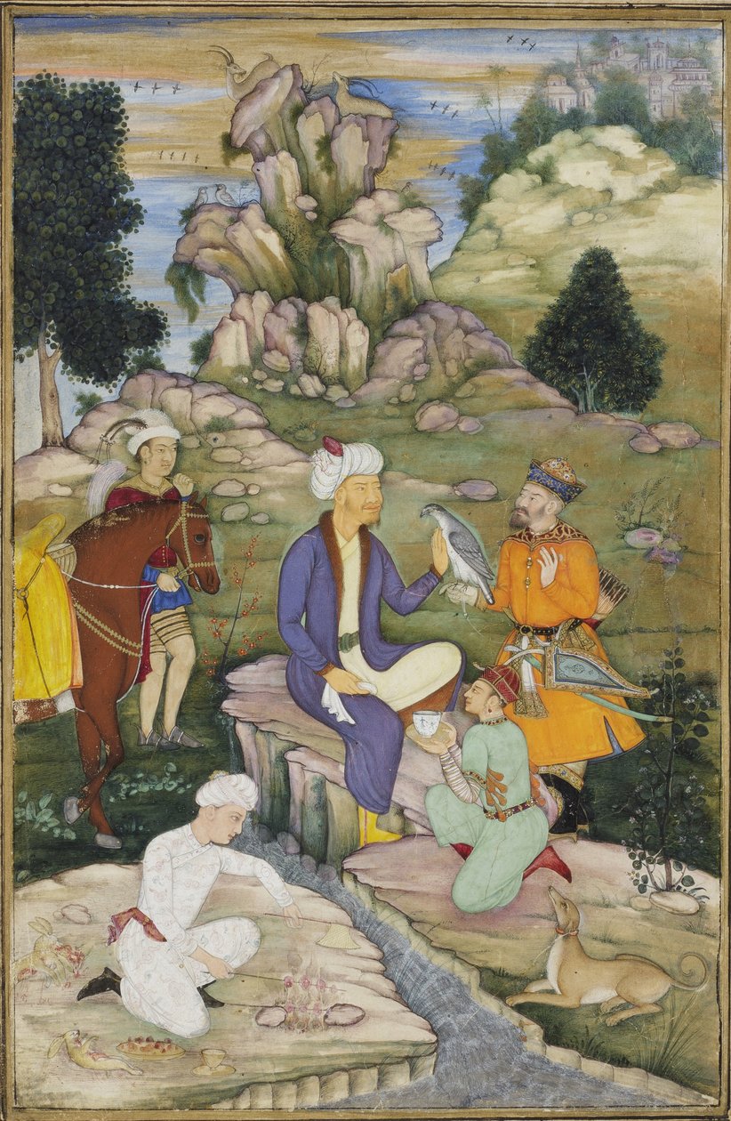 Picnicking no curso de uma caça, c.1615 (wc opaca no papel) de Indian School