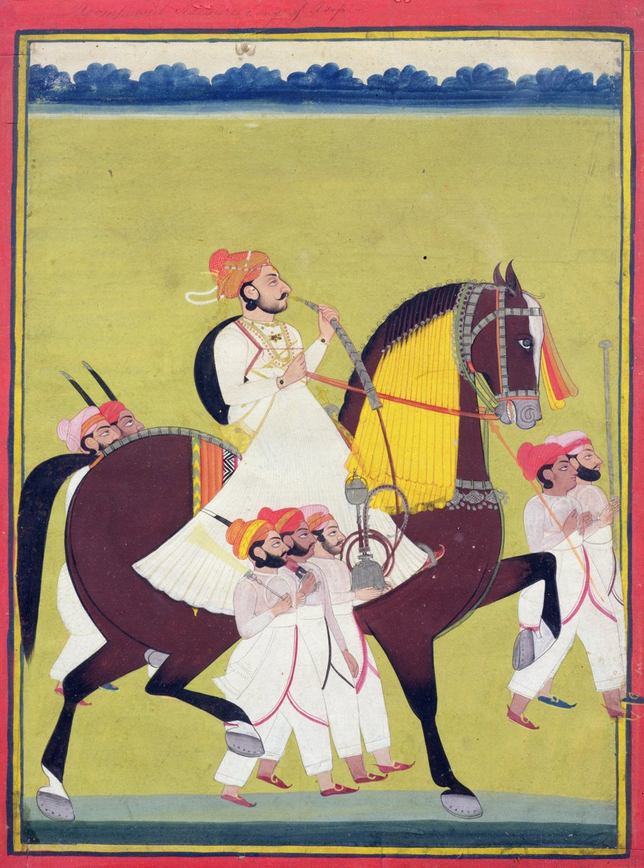 Retrato de Kumbhawat Kesari Singh de Asop, montando um cavalo, fumando um narguilé e acompanhado por atendentes, Jodhpur, c.1810-20 de Indian School
