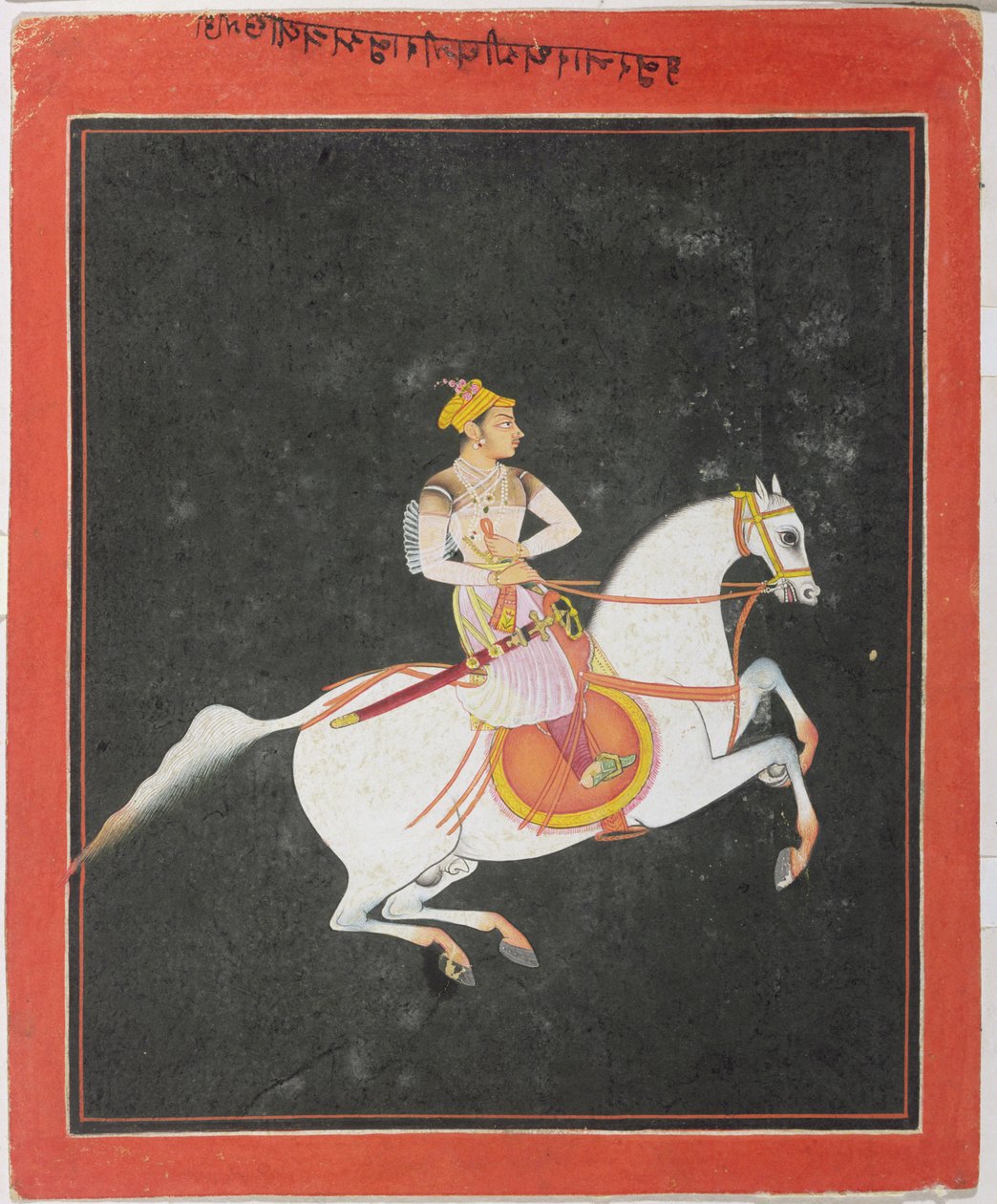 Retrato de Kunwar Baharat Singh sobre o cavalo, de Utkalrama, inscrito em cima e ao contrário em Devanagari, Bundi, Rajasthan, Escola Rajput de Indian School