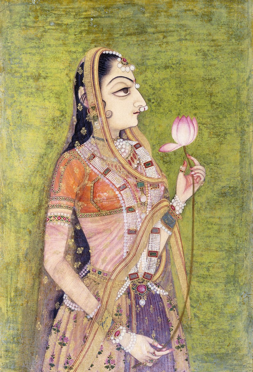 Retrato de uma senhora segurando um lótus, c. 1740-1750 de Indian School