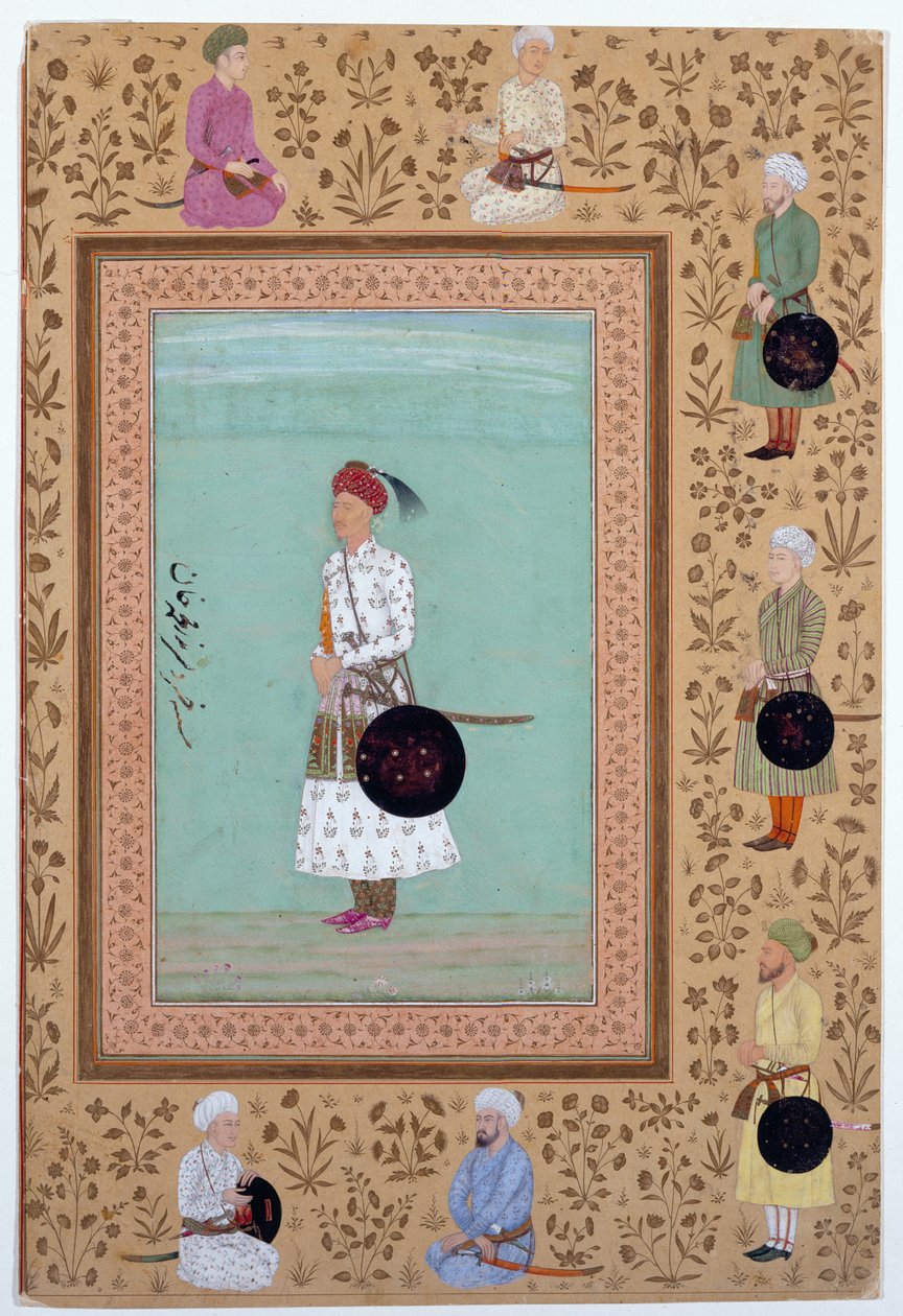 Retrato do cortesão Khosrow, filho de Nasr Muhammad Khan, c.1650-60 (tinta, aguarela e ouro sobre papel) de Indian School