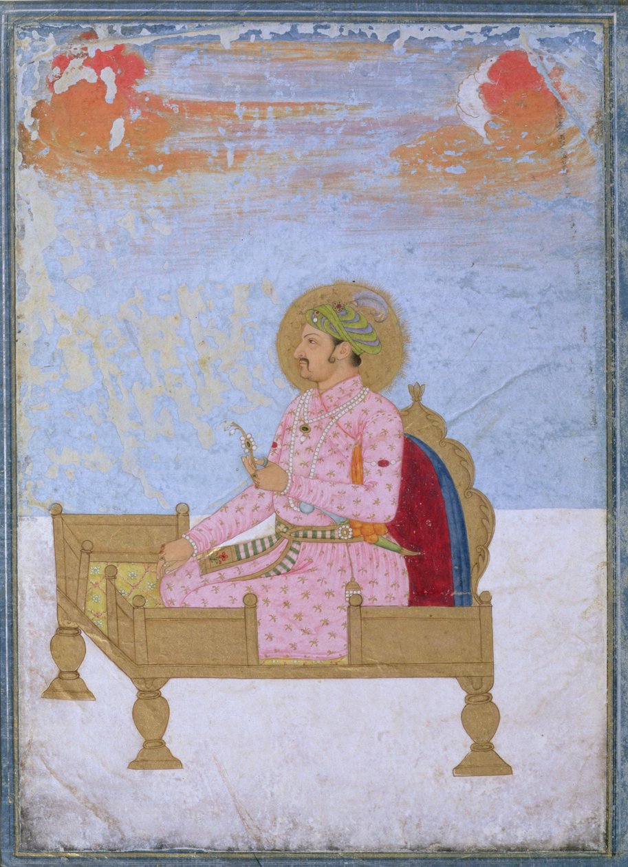 Retrato do Imperador Jahangir (1569-1627) sentado em um trono segurando um sarapesh, Mughal, c.1720-40 de Indian School