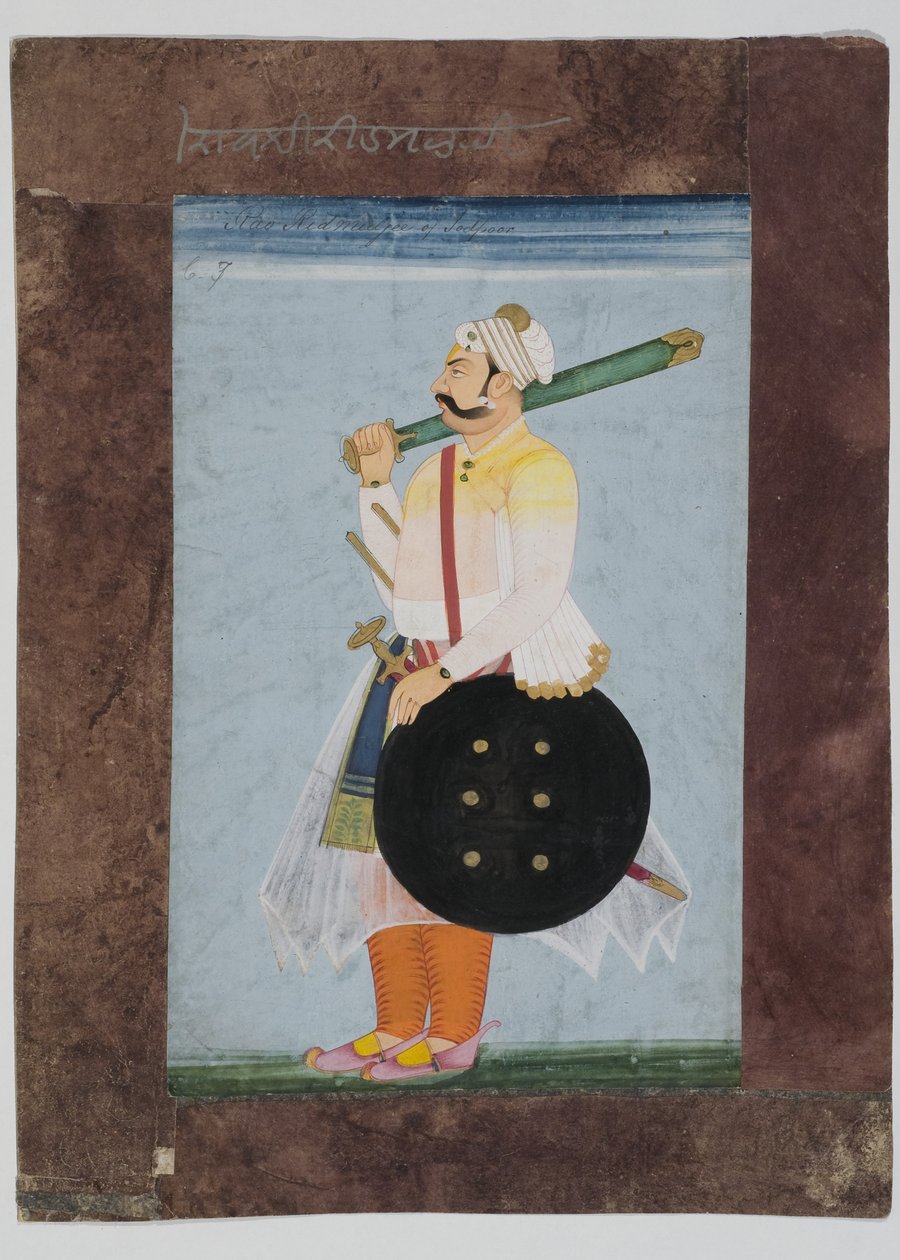 Retrato do chefe Rathor Ridmal, 1820 (guache montado em papel indiano com borda de papel marrom composto) de Indian School