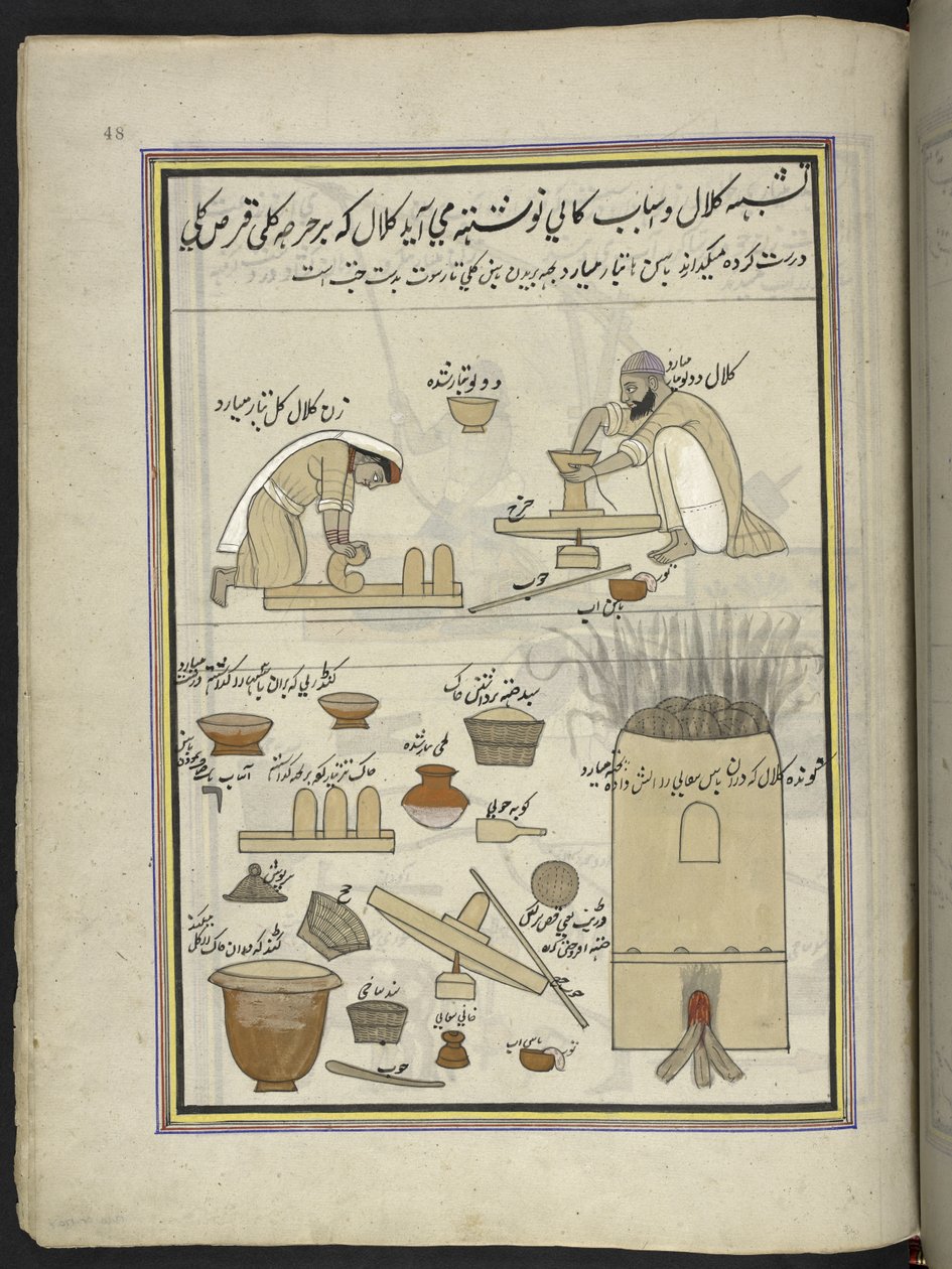 Oleiros, 86 desenhos encadernados num volume representando ofícios e profissões em Caxemira, Os artesãos são mostrados no trabalho com as suas alfaias e equipamento, Por um artista de Caxemira, provavelmente em Srinagar, c.1850-60 (guache em papel) de Indian School