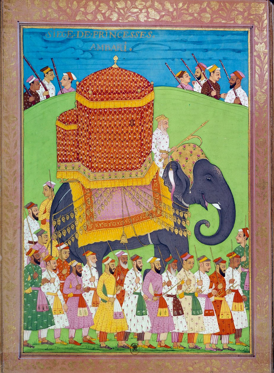 Princesa Palanquim sobre um elefante na corte do Shah Alem miniaturas indianas e persas em "History of India from Tamertante to Orangreyb" de Niccolo Manucci (1638-1717). B.N., Paris. de Indian School