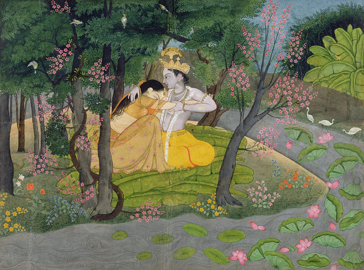 Radha e Krishna se abraçam em um bosque de árvores floridas, c.1780 (wc no papel) de Indian School