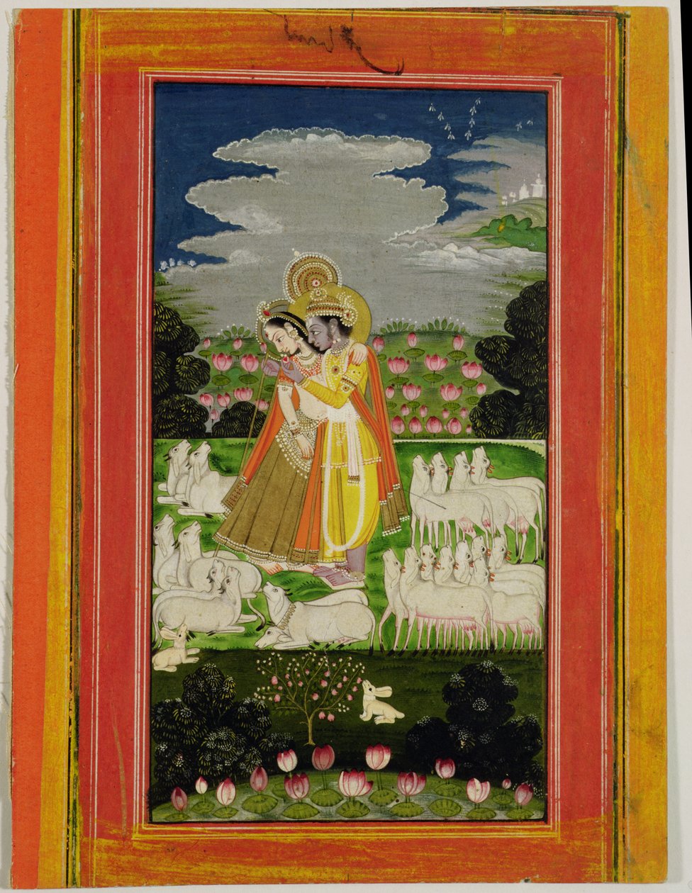 Radha e Krishna se abraçam em uma paisagem idealizada com vacas, c.1780 (wc opaca no papel) de Indian School