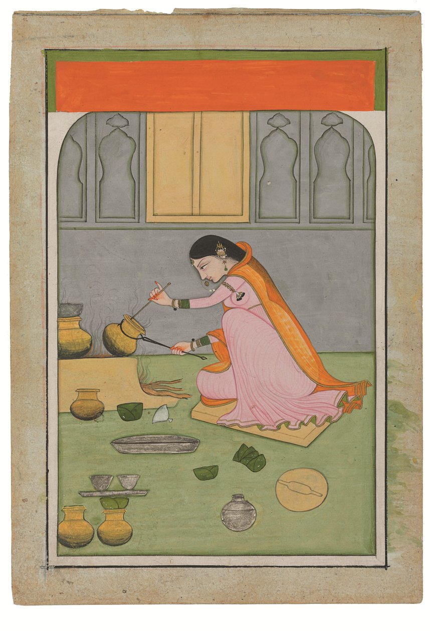 Radha na cozinha, c. 1810 (pigmentos opacos e ouro sobre wasli) de Indian School